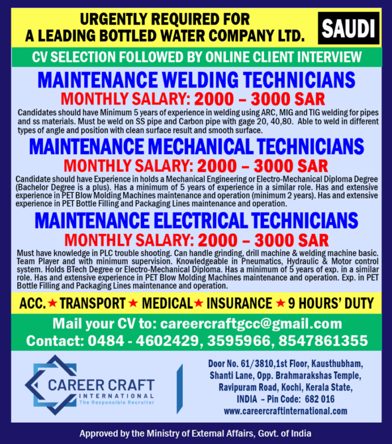 Job In Saudi Arabia – Urgently Required For A Leading Bottled Water Company Ltd.