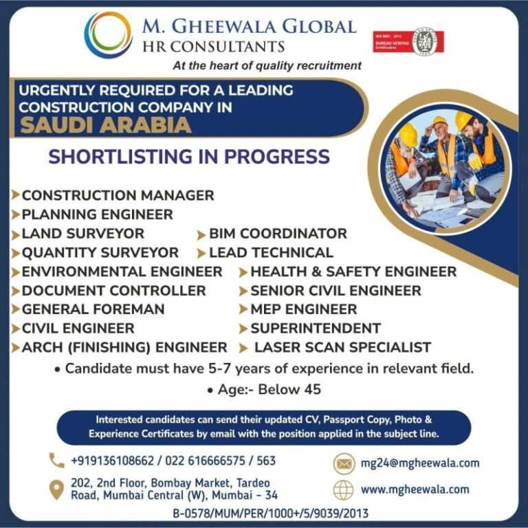 Job Vacancies For Saudi Arabia Leading Construction Company