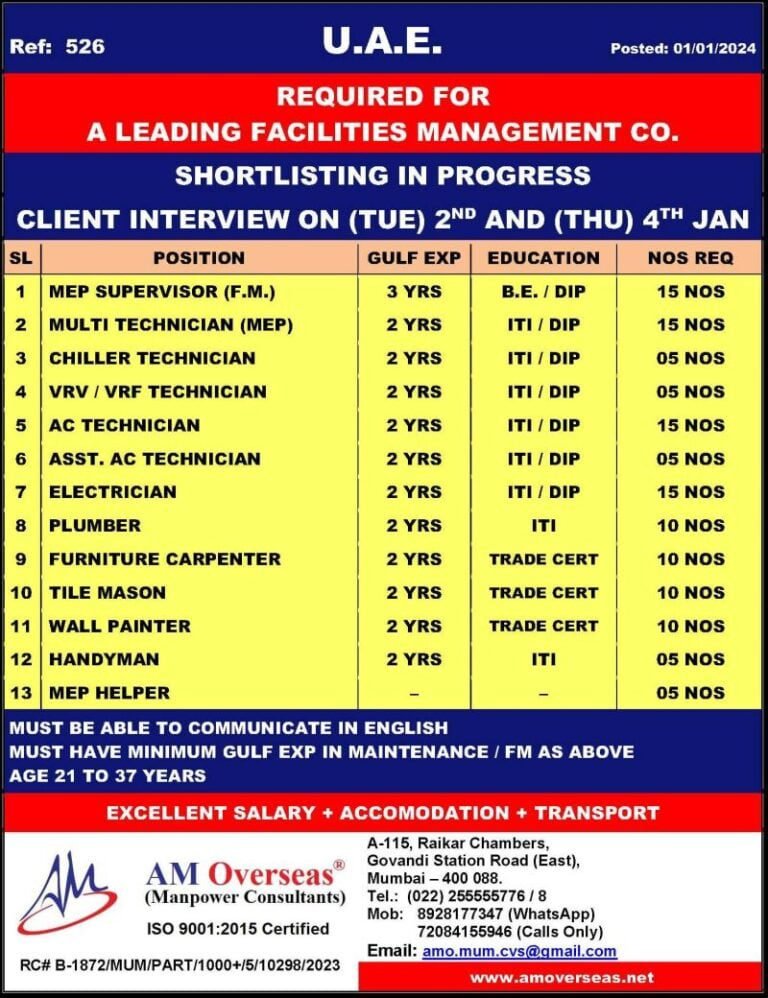 Urgent jobs in UAE facility management company