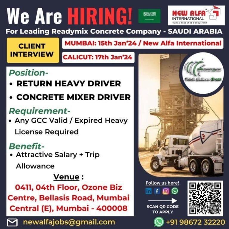 Urgent Hiring For Leading Readymix Concrete Company – Saudi Arabia