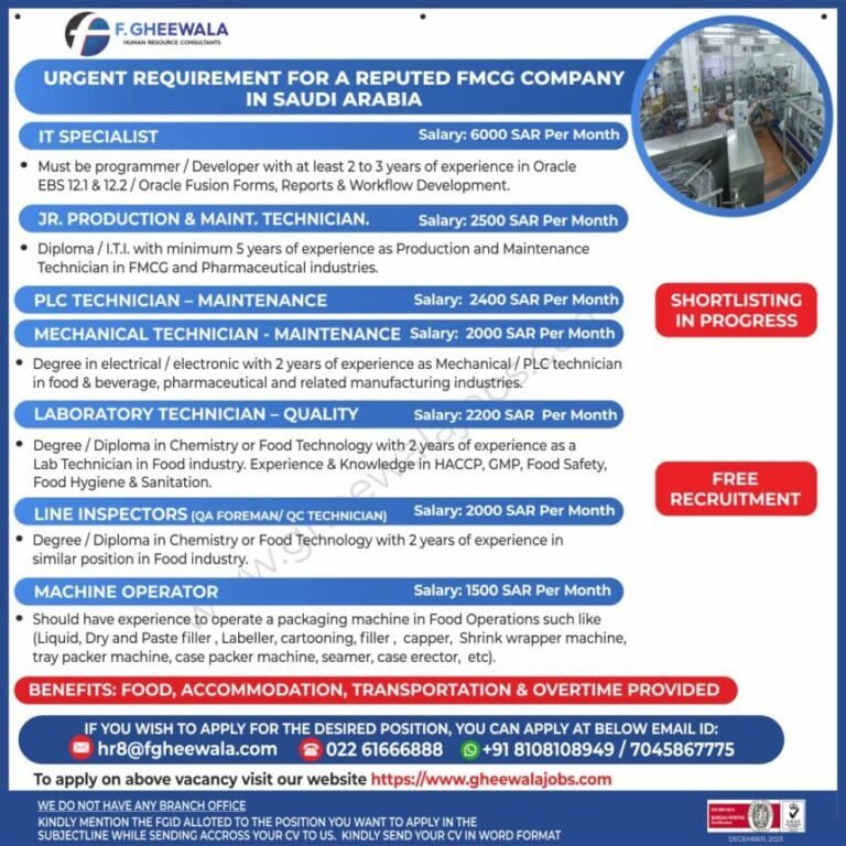 Urgent Requirement For A Reputed Fmcg Company In Saudi Arabia