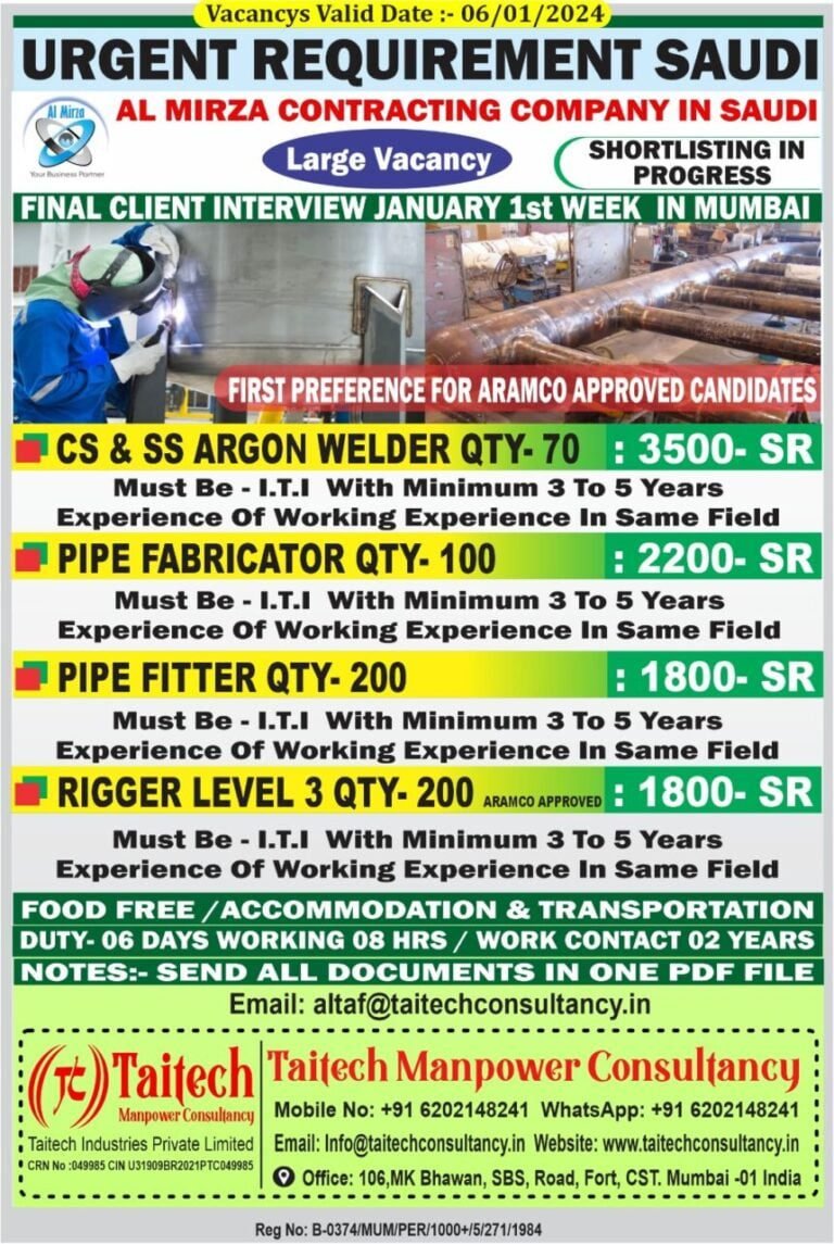 Hiring for a Leading Construction Company In Saudi Arabia