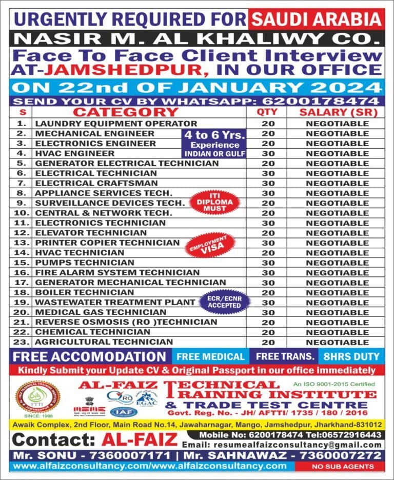 URGENTLY REQUIRED FOR SAUDI ARABIA NASIR M. AL KHALIWY CO. Face To Face Client Interview AT-JAMSHEDPUR, IN OUR OFFICE ON 22nd OF JANUARY 2024 SEND YOUR DYDY 78474 –