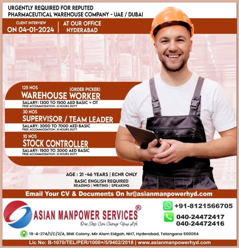 Urgently required for Pharmaceutical Warehouse company – UAE / Dubai