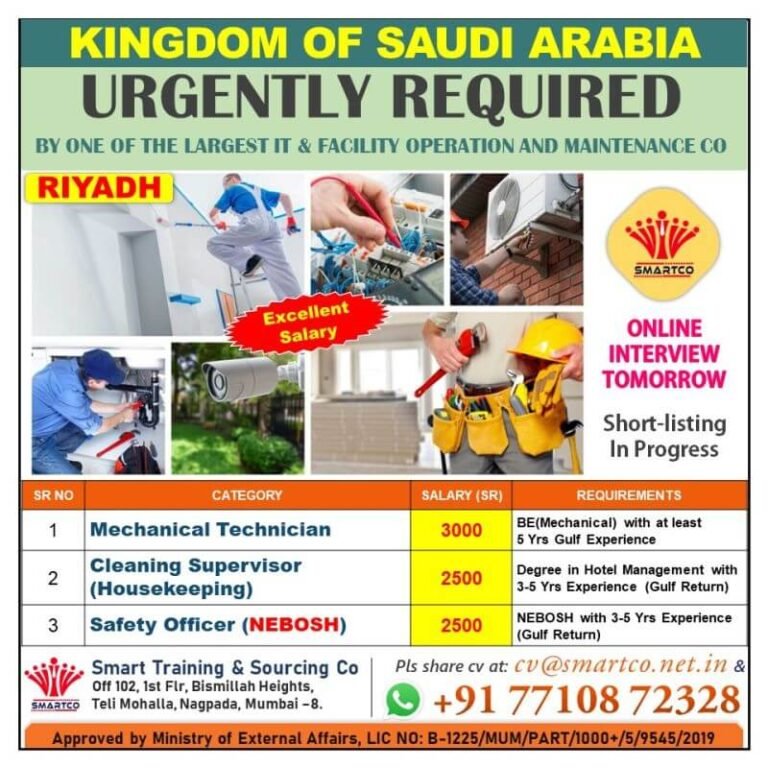 URGENTLY REQUIRED BY ONE OF THE LARGEST IT AND FACILITY OPERATION AND MAINTENANCE CO IN SAUDI ARABIA