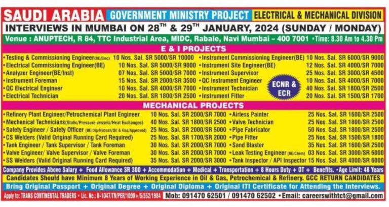 Saudi Arabia Jobs – Government Ministry Project – Electrical & Mechanical Division