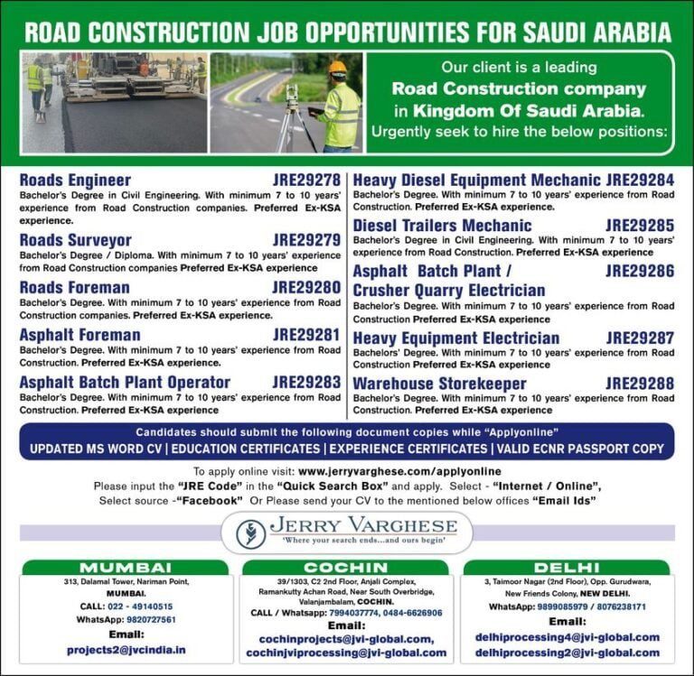 Road Construction Jobs In Saudi Arabia 2024