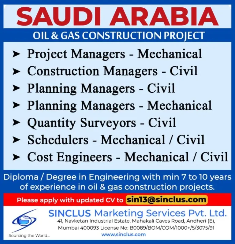Saudi Arabia Job Vacancy – Oil & gas Construction Project
