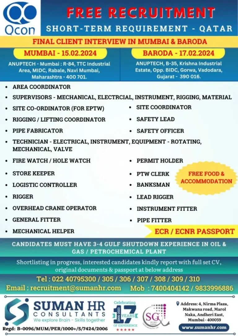 QCON Jobs – Short-term Requirement – Qatar