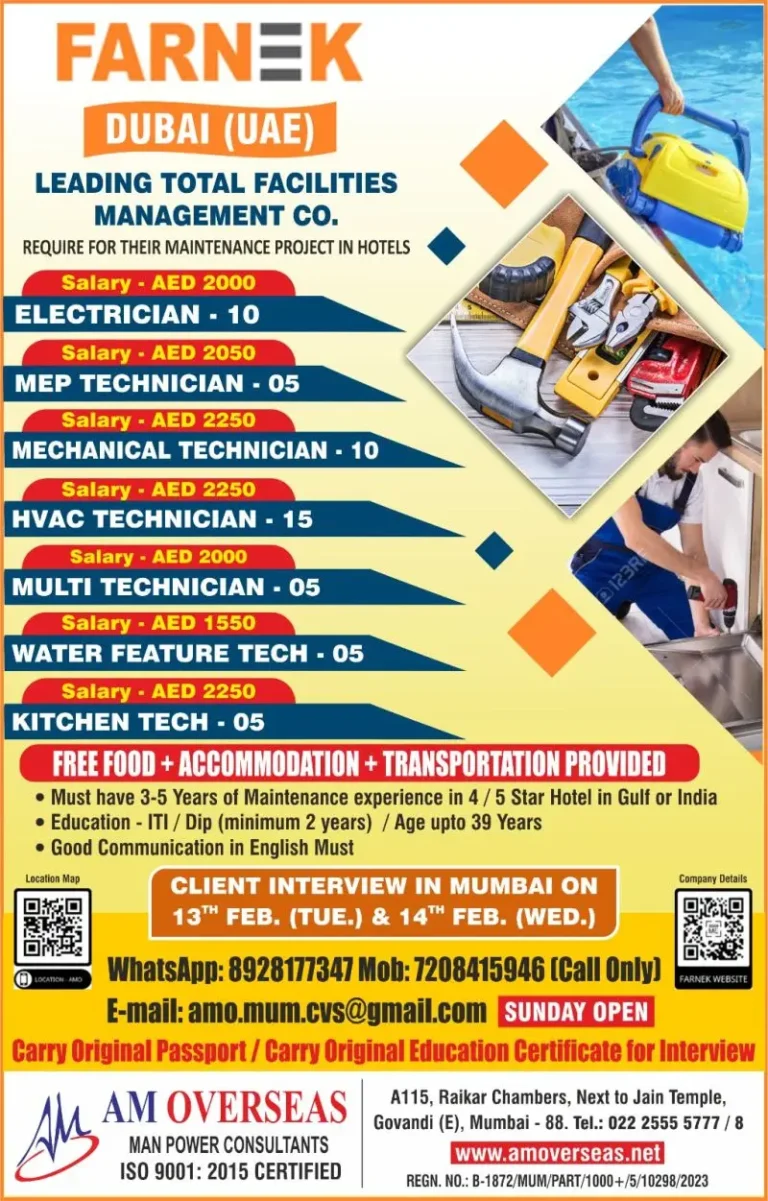 Farnek Dubai Jobs – Leading Total Facilities Management Co. Require For Their Maintenance Project In Hotels