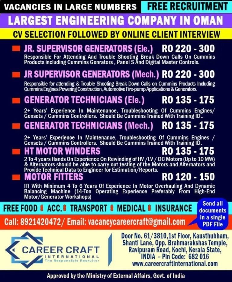 Free Recruitment For Largest Engineering Company In Oman – Cv Selection