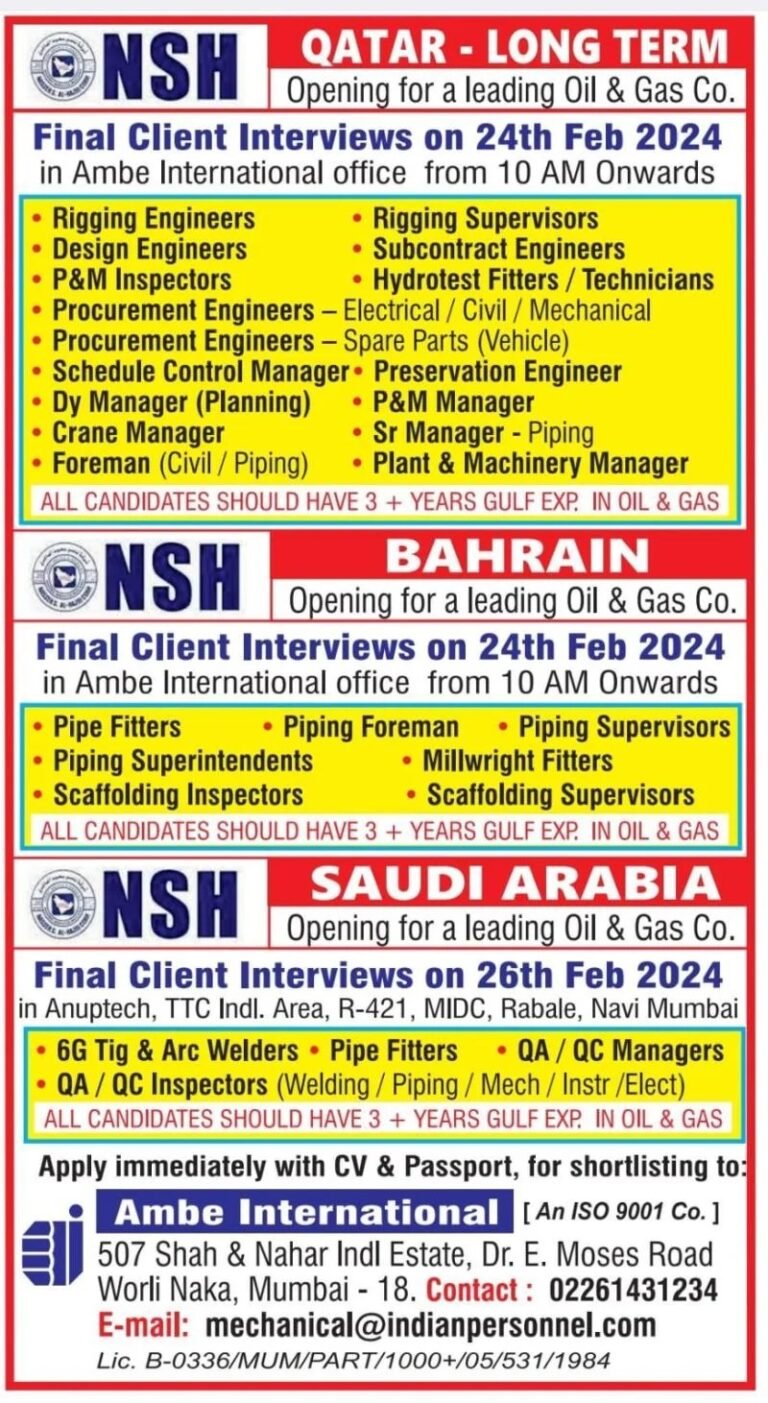 Qatar,Bahrain & Saudi Jobs Long – Term ( Opening For A Leading Oil & Gas Company ) By Admin – February 22, 2024