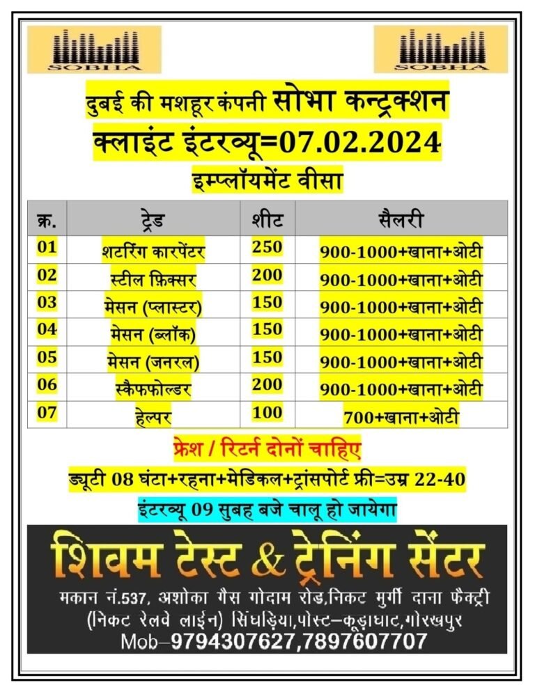 दुबई की मशहूर कंपनी सोभा कन्ट्रक्शन क्लाइंट इंटरव्यू=07.02.2024 इम्प्लॉयमेंट वीसा Client interview Gorakhpur