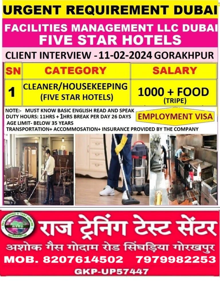URGENT REQUIREMENT DUBAI FACILITIES MANAGEMENT LLC DUBAI FIVE STAR HOTELS CLIENT INTERVIEW -11-02-2024 GORAKHPUR
