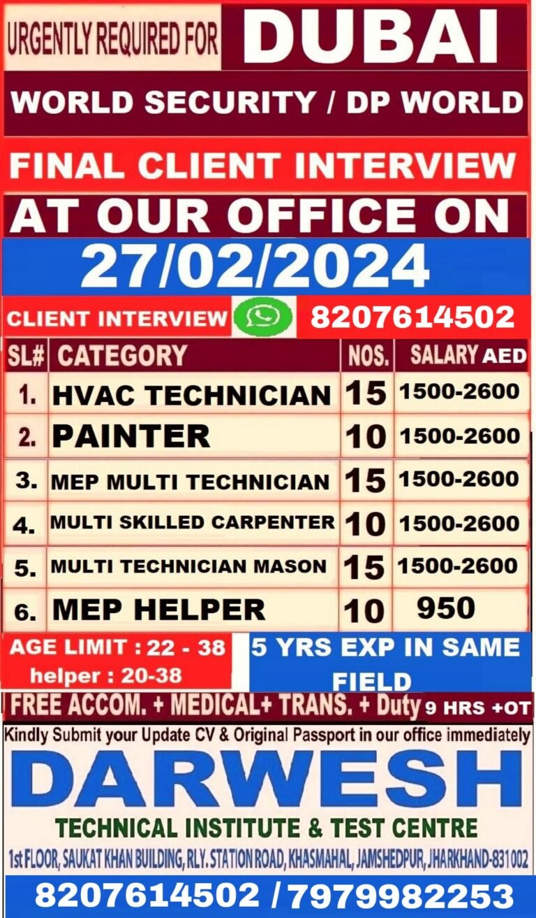 URGENTLY REQUIRED FOR DUBAI WORLD SECURITY / DP WORLD FINAL CLIENT INTERVIEW AT OUR OFFICE ON 27/02/2024
