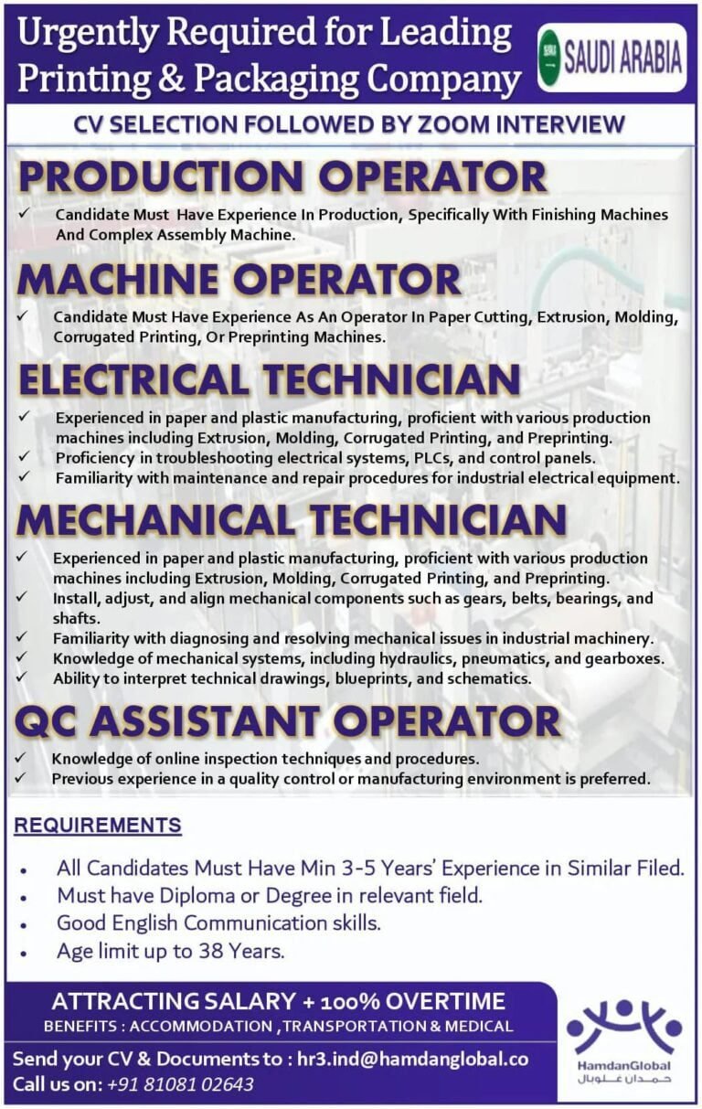 Saudi Arabia Jobs – Printing & Packaging Company – CV Selection