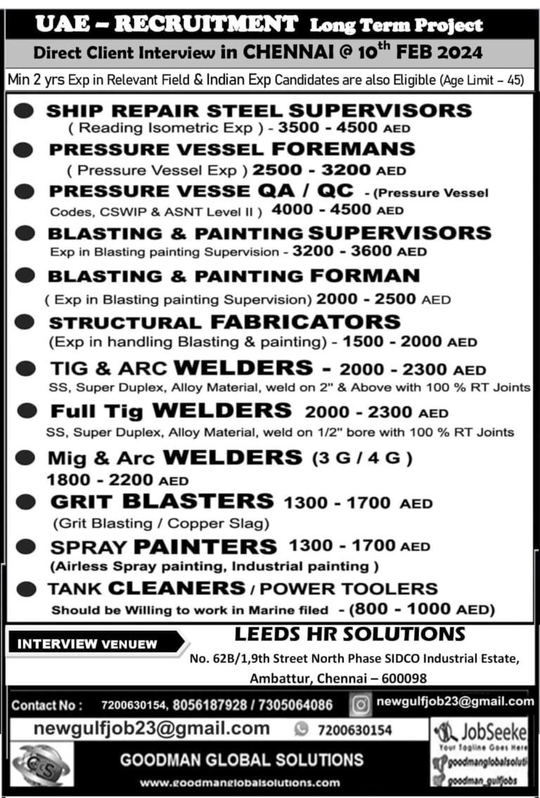 UAE – Recruitment Long Term Project | Direct Client in CHENNAI @ 10/02/2024