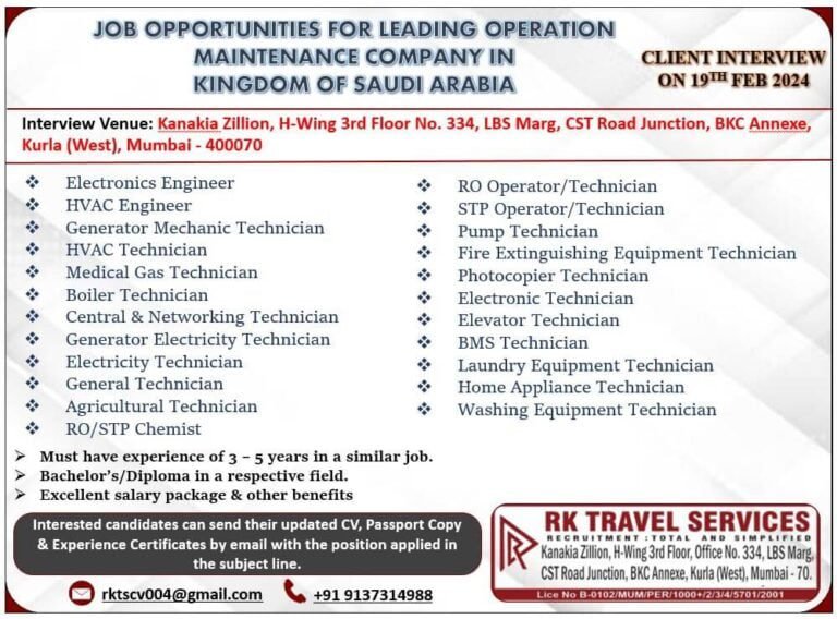 JOB OPPORTUNITIES FOR LEADING OPERATION MAINTENANCE COMPANY IN KINGDOM OF SAUDI ARABIA