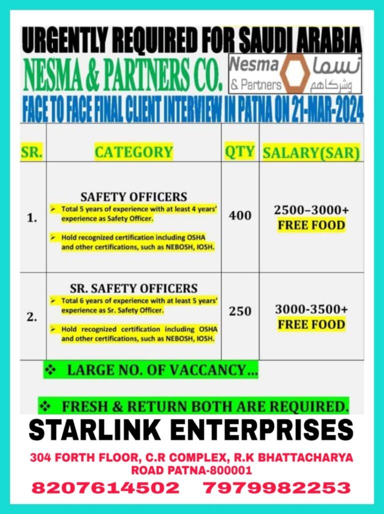 URGENTLY REQUIRED FOR SAUDI ARABIA NESMA & PARTNERS CO. Wesma low & Partners نسما وشركاهم FACE TO FACE FINAL CLIENT INTERVIEW IN PATNA ON 21-MAR-2024