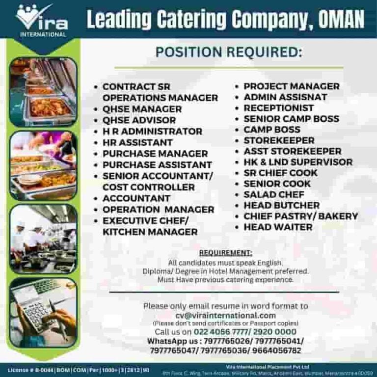 Urgent Wanted For Leading Catering Company