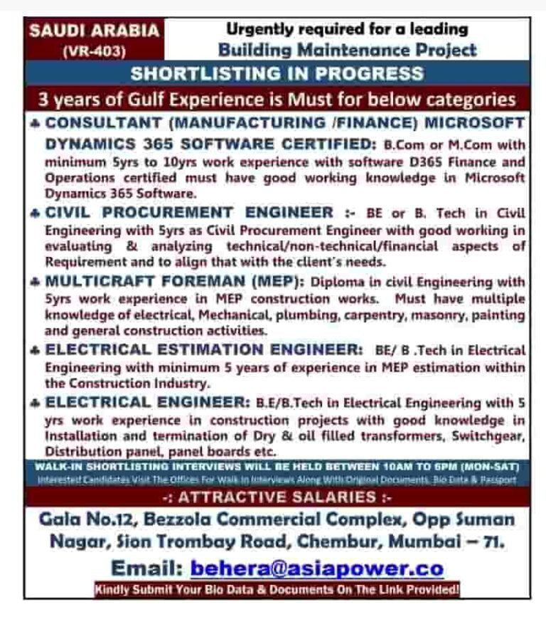 Maintenance Project Job Vacancy in Saudi Arabia