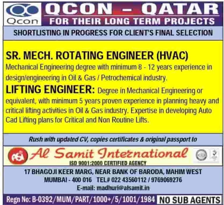 Hiring Sr. Mech. Rotating & Lifting Er.
