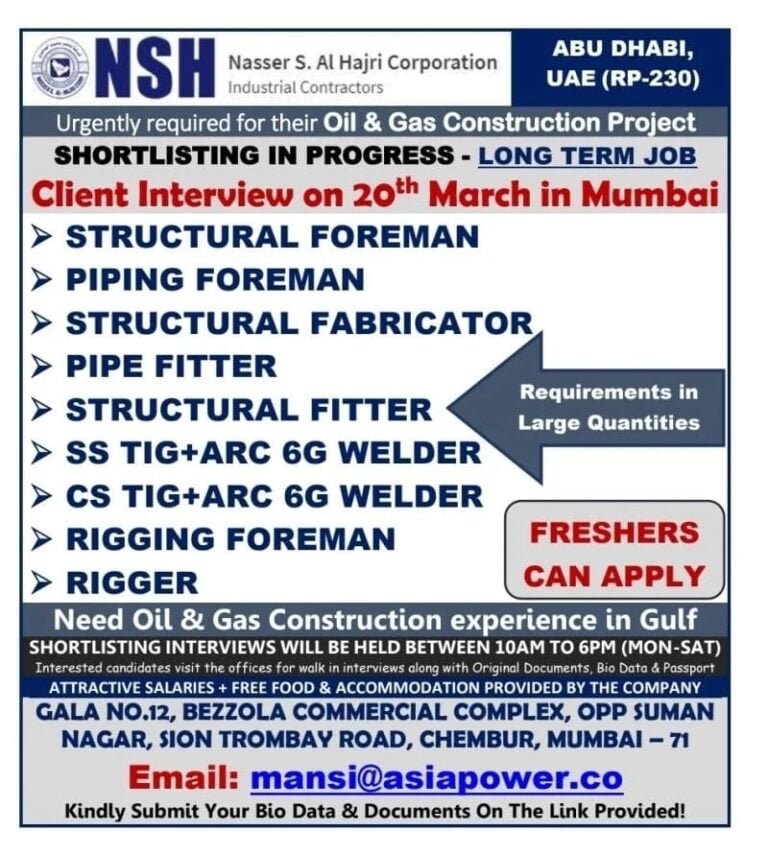 Oil & Gas Construction Jobs Abudhabi,UAE – NSH Company