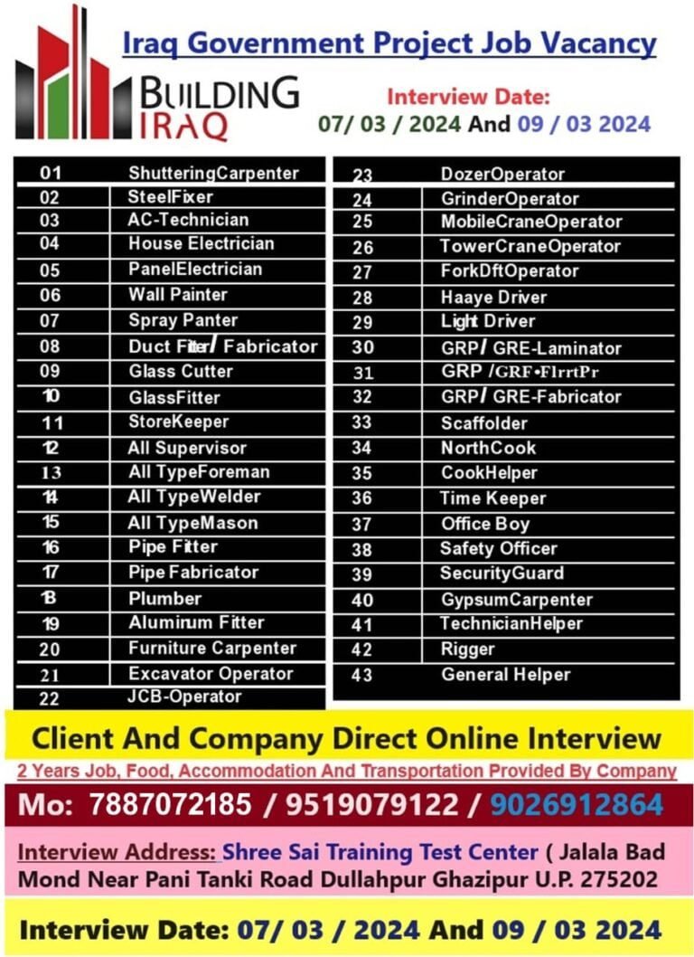 Iraq Government Project Job Vacancy Interview Date: 07/03 / 2024 And 09 / 03 2024 BUILDING IRAQ