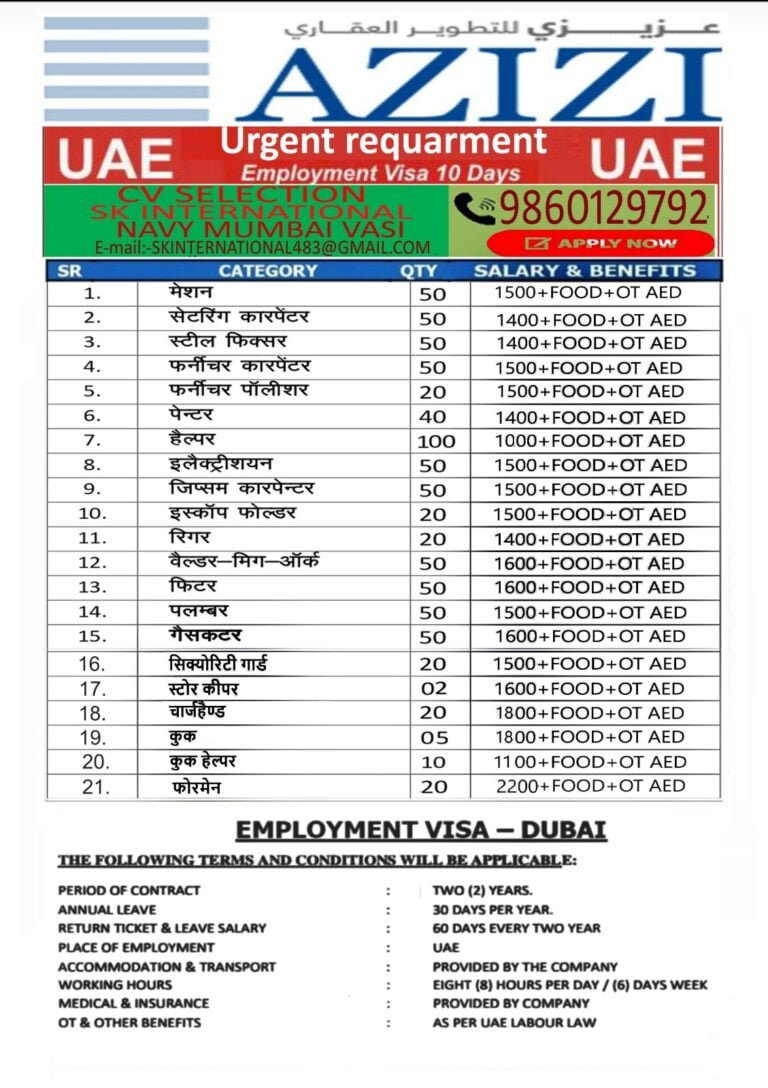 AZIZI Urgent requarment Employment Visa 10 Days CV SELECTION