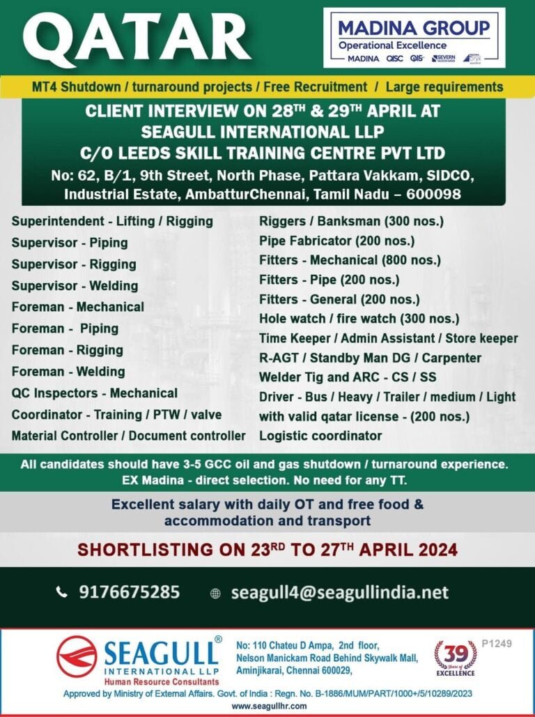FREE & VERY URGENT REQUIREMENTS FOR OIL & GAS SHORT TIME PROJECT AT QATAR