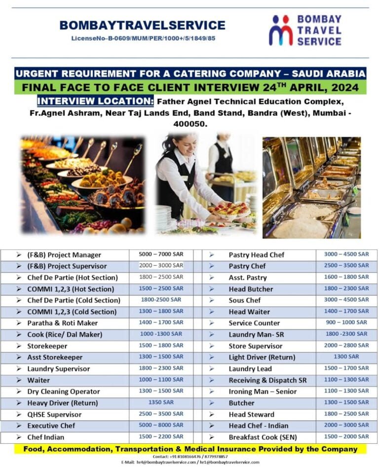 URGENT REQUIREMENT FOR A LEADING CATERING COMPANY