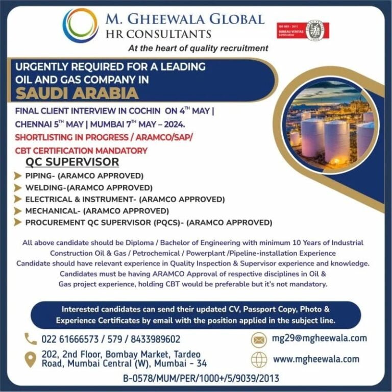 Interview for Saudi Arabia for ( QC SUPERVISORS) position