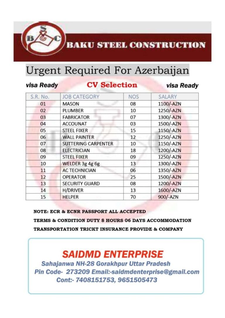 BAKU STEEL CONSTRUCTIONUrgent Required For Azerbaijan