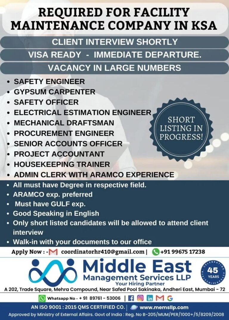 Vacancy In Large Numbers For Facility Maintenance Company In Saudi Arabia