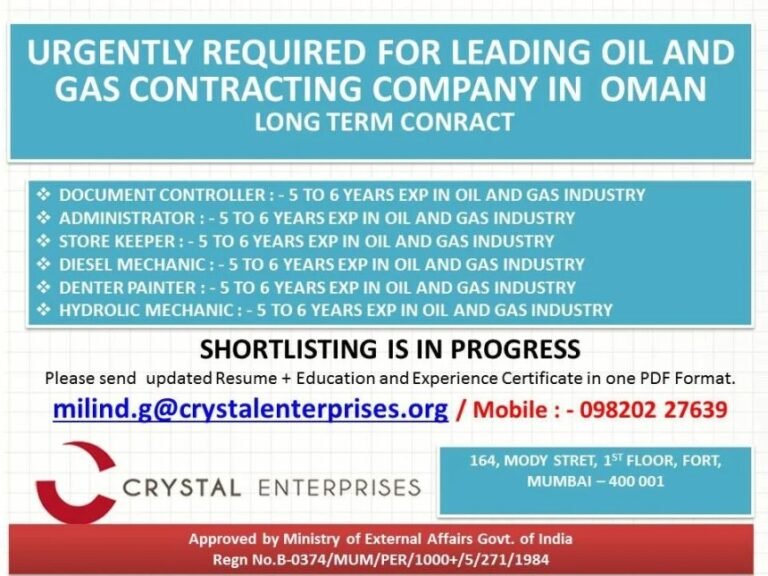 Urgent Hiring For Leading Oil And Gas Contracting Company In Oman