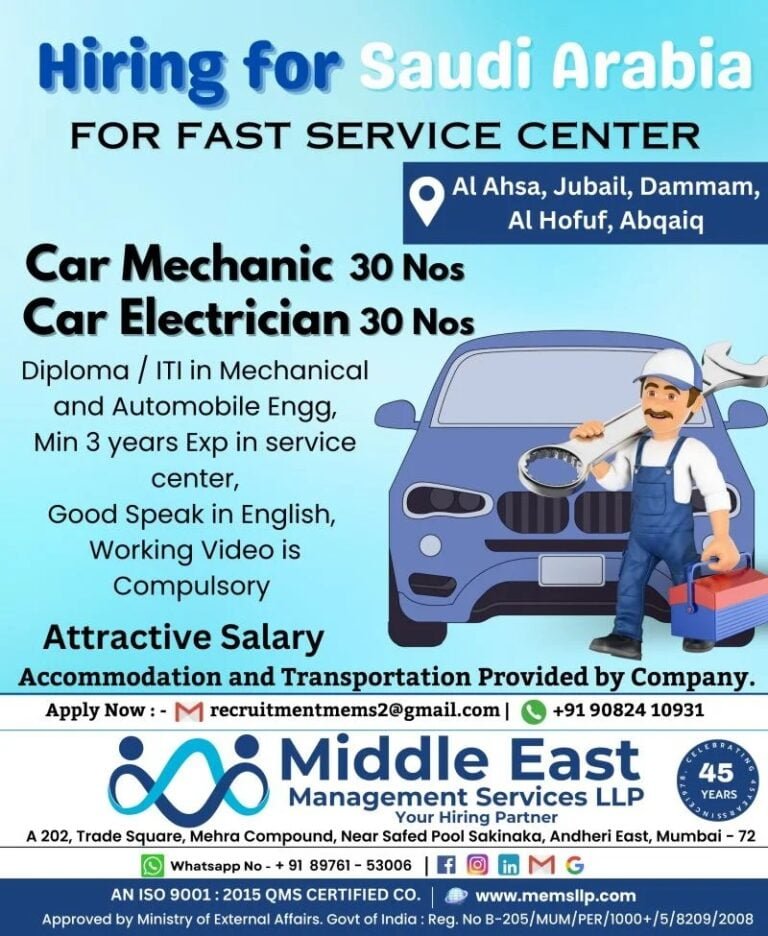 Hiring for Saudi Arabia for Car Mechanic and Car Electrician