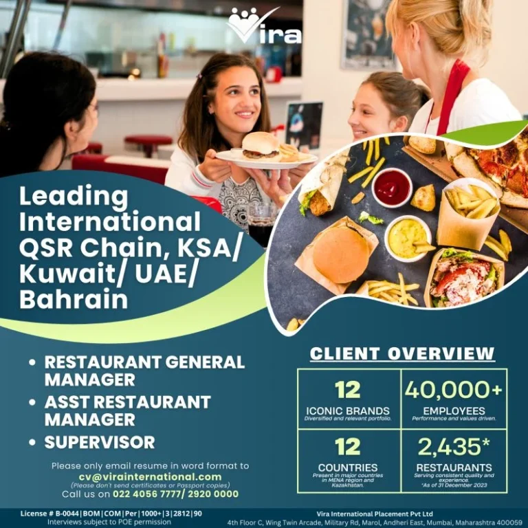 Vacancies in Large Numbers for Leading International QSR Chain, KSA/ Kuwait/ UAE/ Bahrain