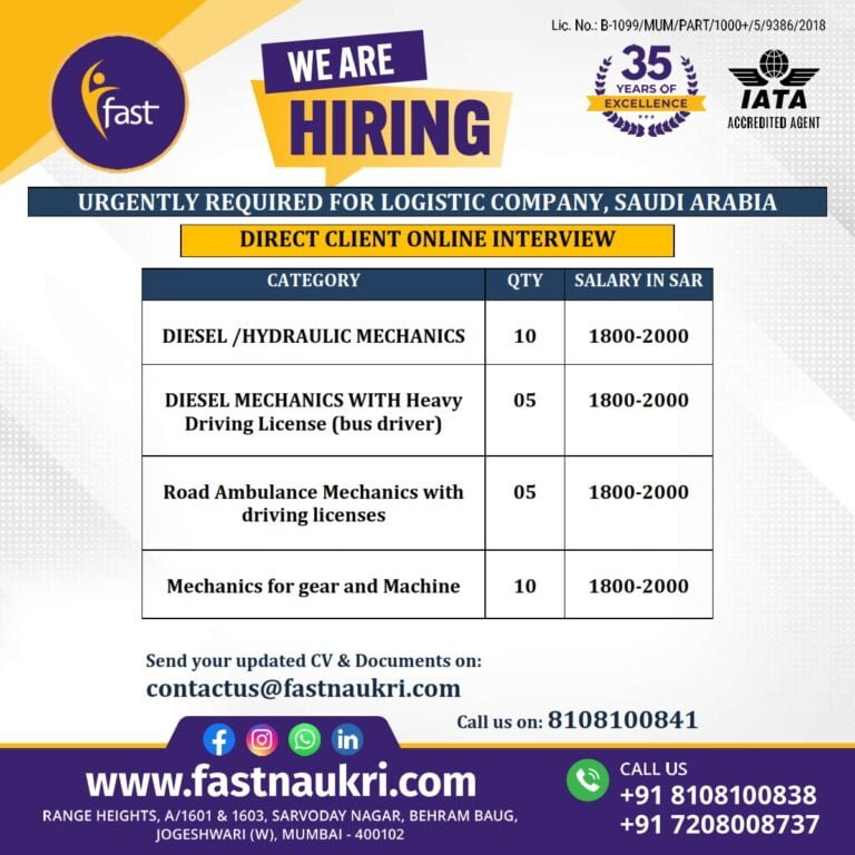 Urgently Required MECHANICS for Saudi Arabia