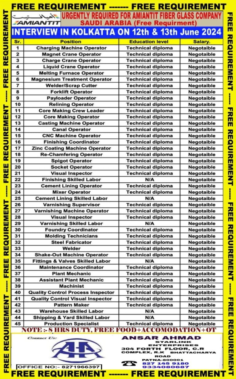 URGENTLY REQUIRED FOR AMIANTIT FIBER GLASS COMPANY SAUDI ARABIA (Free Requirment) INTERVIEW IN KOLKATTA ON 12th & 13th June 2024