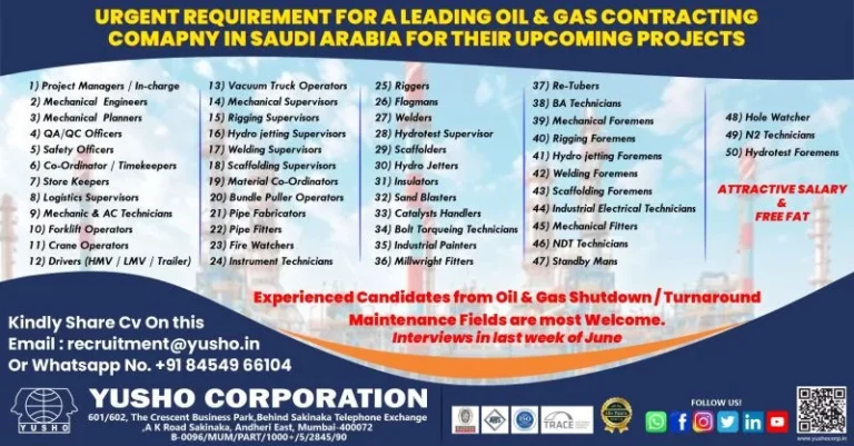 Jobs in Saudi Arabia – Oil Gas Company – 50 Vacancy