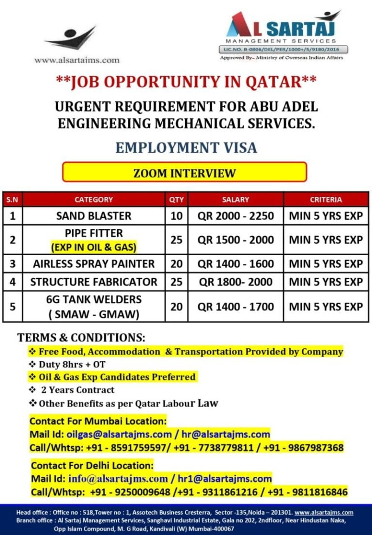 Hiring for Abu Adel Engineering Mechanical Services in Qatar
