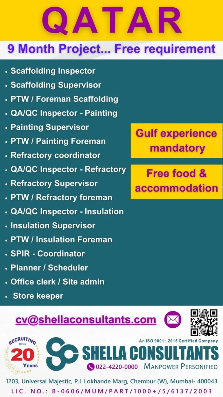 Jobs in Qatar : 9 Month Project – Free Recruitment