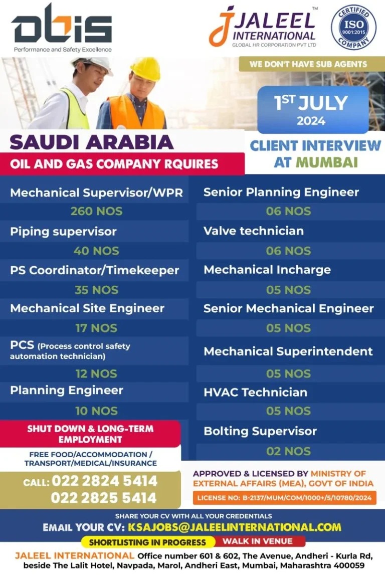 Saudi Arabia Job Vacancy : Oil and gas company