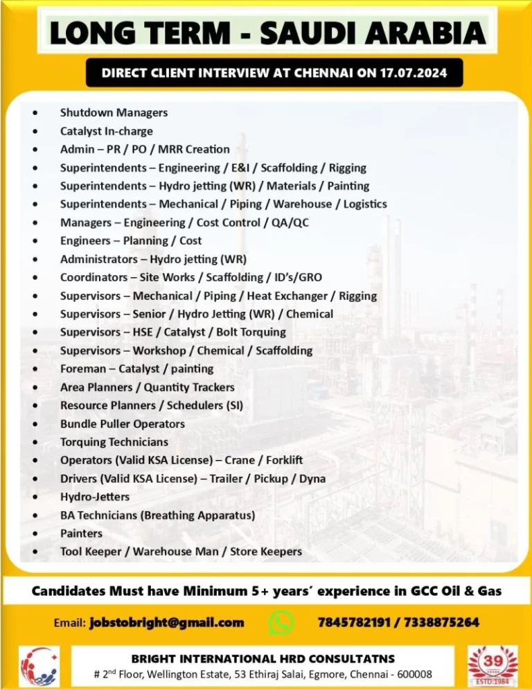 Saudi Arabia Vacancy – Long Term & Shutdown Jobs