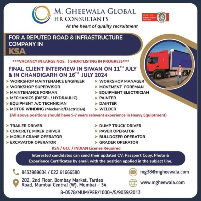 Hiring for Road & Infrastructure Company in Saudi Arabia