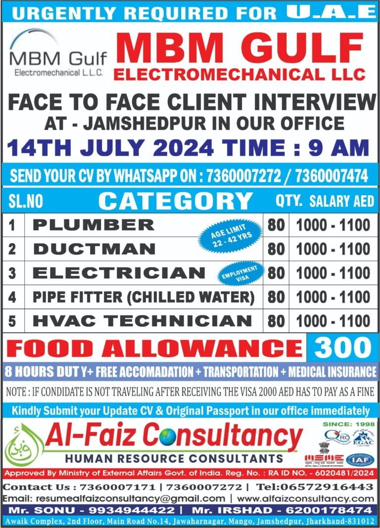 Urgent Requirement for DUBAI M/S MBM COMPANY – Client Interview At Jamshedpur on 14th July 2024