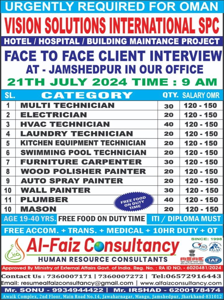 Urgent Requirement for OMAN VISION SOLUTIONS INTERNATIONAL COMPANY – Client Interview At Jamshedpur on 21 July 2024