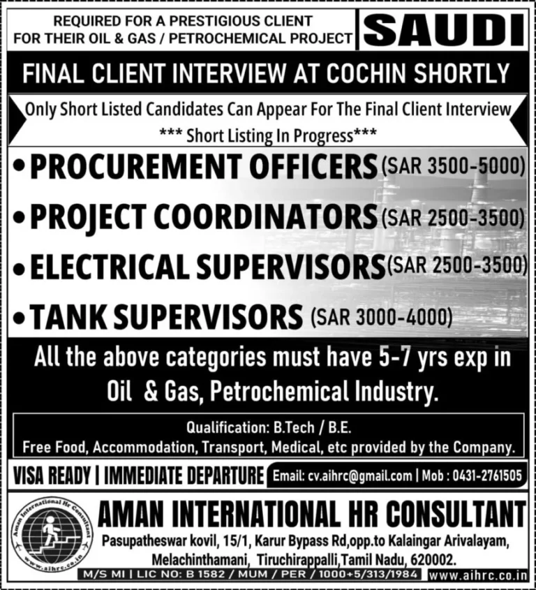 Positions for Oil & Gas/Petrochemical Project