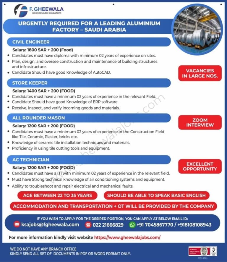 Urgent Requirement For Aluminium Factory in Saudi Arabia