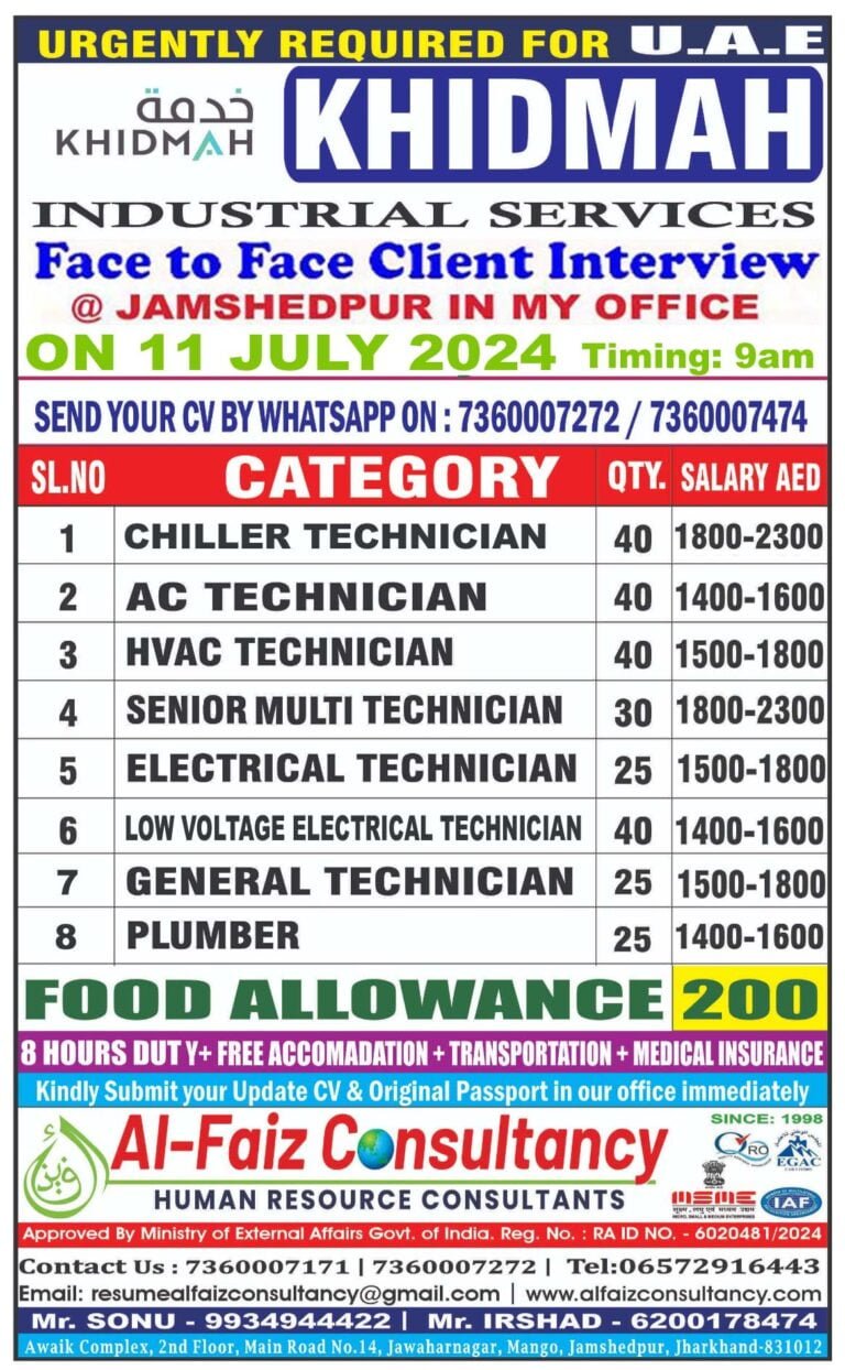 Urgent Requirement for DUBAI KHIDMAH INDUSTRIAL SERVICES COMPANY – Client Interview At Jamshedpur on 11 July 2024
